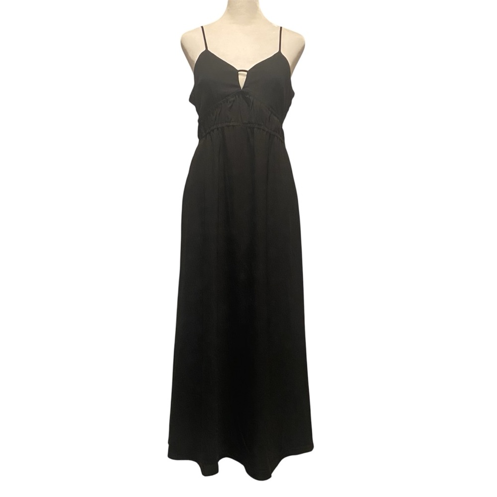Ruched, V Neck Cut Out, Spaghetti Strap, Pockets, Flowy Maxi Dress, Black Sz S